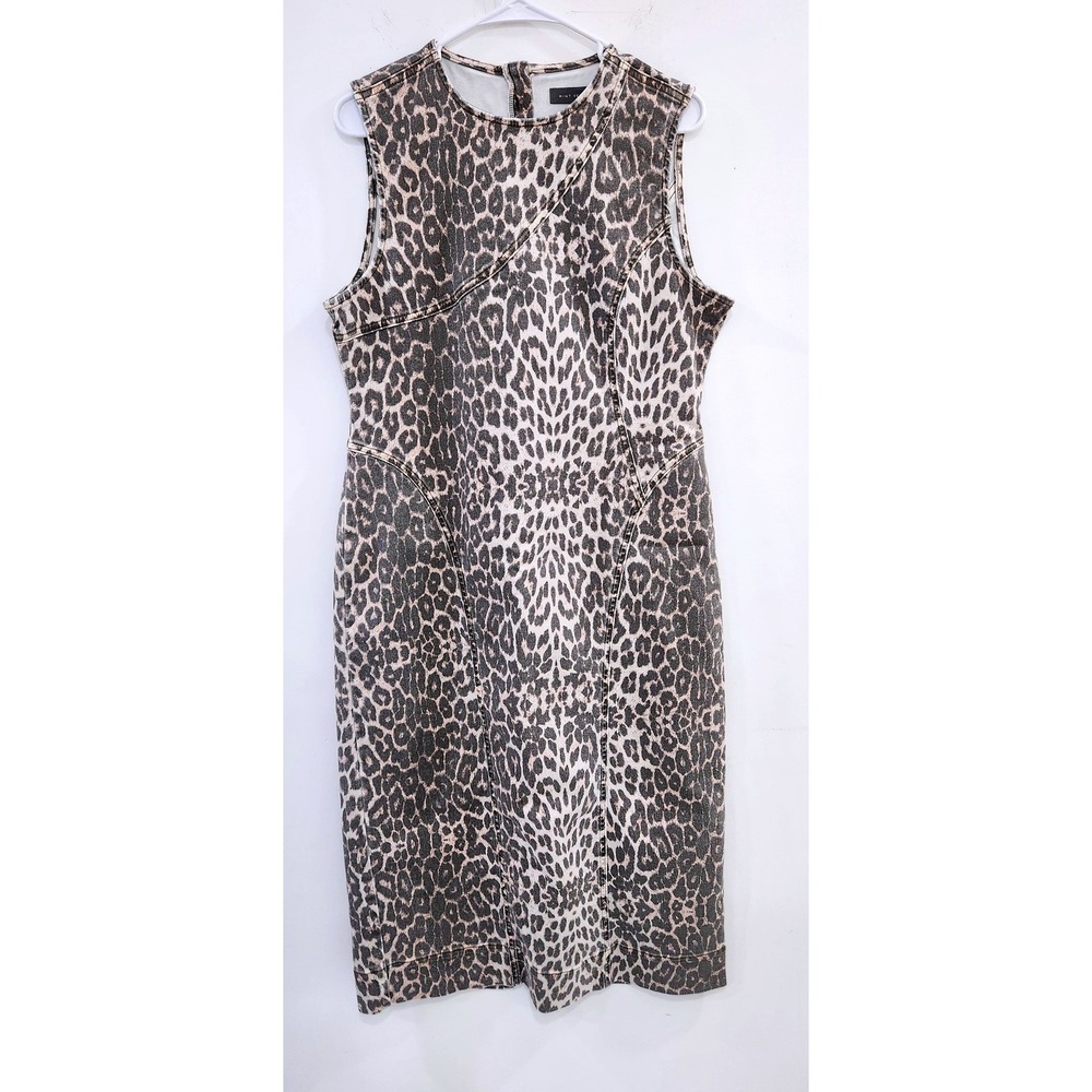 Mint Velvet Leopard Print Denim Midi Dress Sleeveless Sheath Brown‎ Tan US 10 - Picture 2 of 5